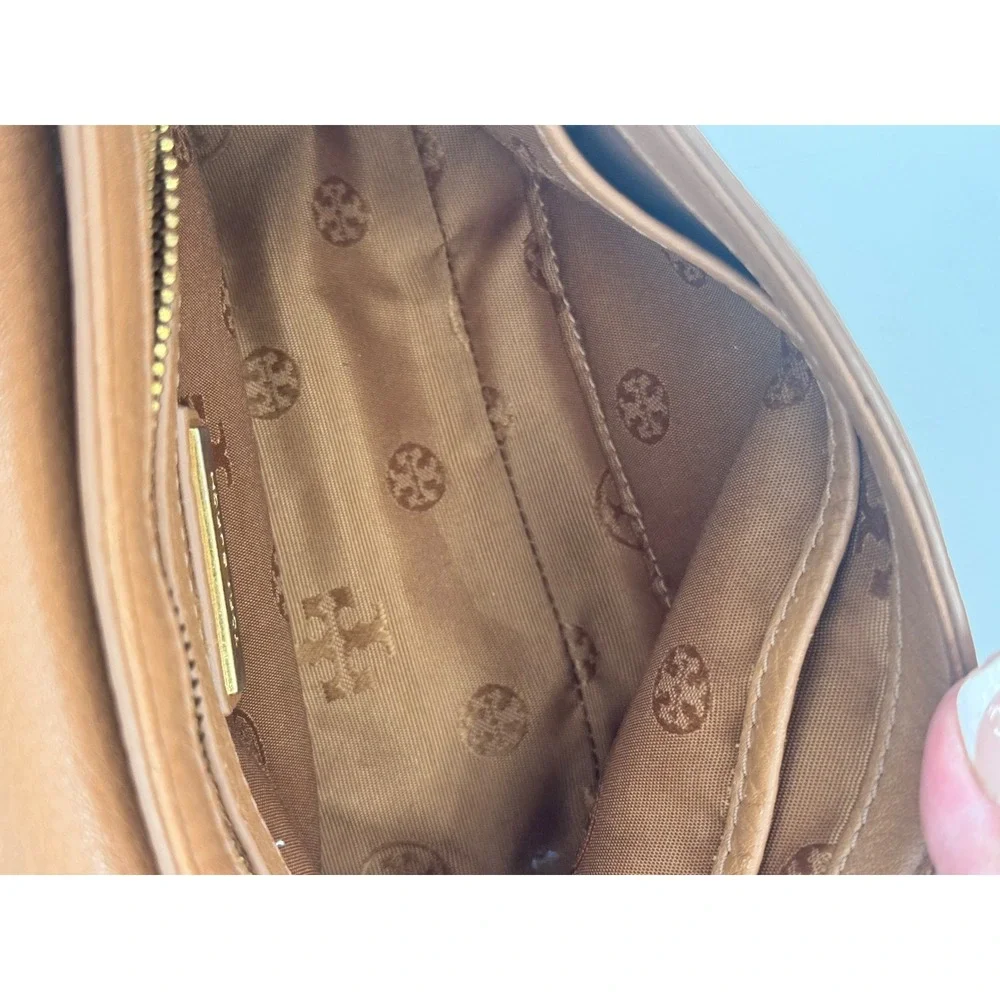 Tory Burch Shoulder Bag Womens Small Brown Leather Chain Strap Flap Logo